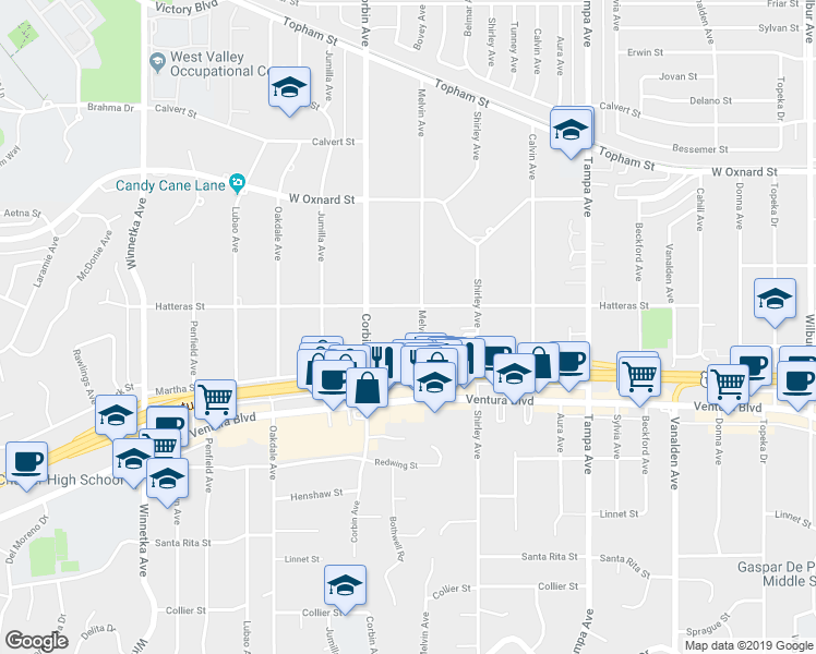 map of restaurants, bars, coffee shops, grocery stores, and more near 5717 Melvin Avenue in Los Angeles
