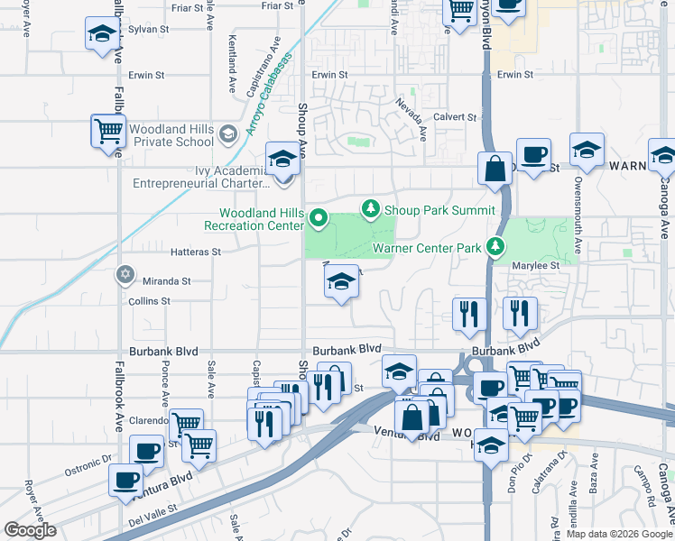 map of restaurants, bars, coffee shops, grocery stores, and more near 22307 Miranda Street in Los Angeles
