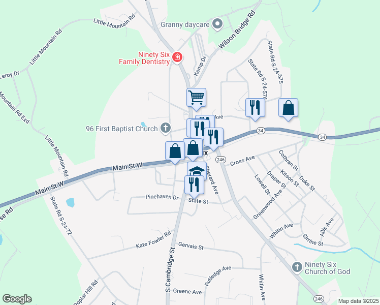 map of restaurants, bars, coffee shops, grocery stores, and more near in Ninety Six