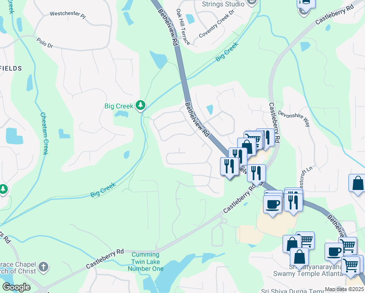map of restaurants, bars, coffee shops, grocery stores, and more near 6120 Vista Creek Court in Cumming