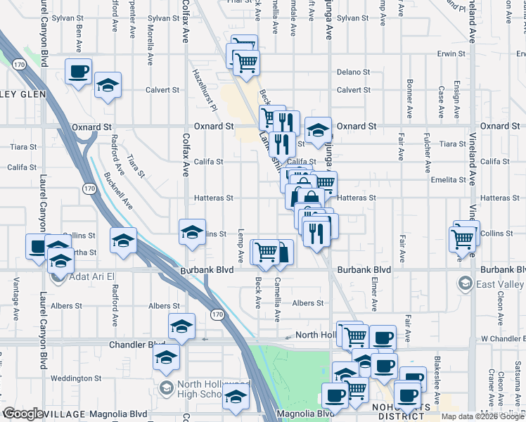 map of restaurants, bars, coffee shops, grocery stores, and more near 5740 Beck Avenue in Los Angeles