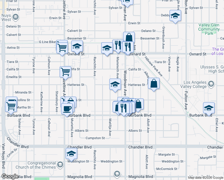 map of restaurants, bars, coffee shops, grocery stores, and more near 5740 Matilija Avenue in Los Angeles