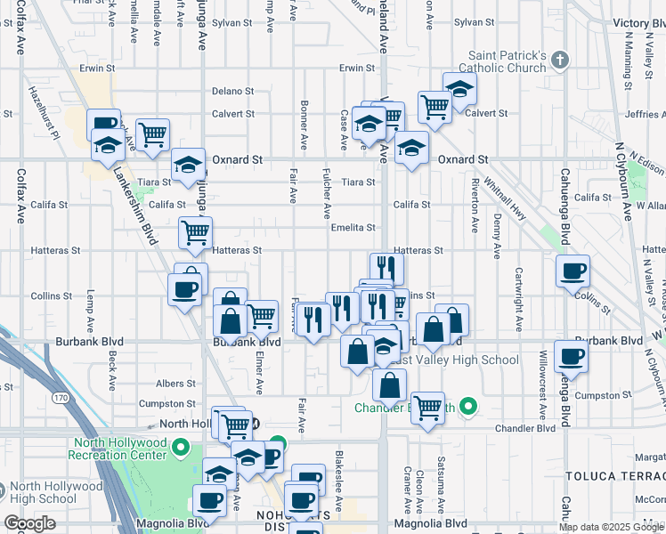 map of restaurants, bars, coffee shops, grocery stores, and more near 5740 Fulcher Avenue in Los Angeles