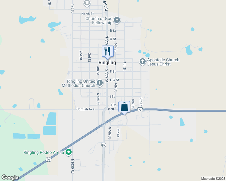 map of restaurants, bars, coffee shops, grocery stores, and more near 206 West I Street in Ringling