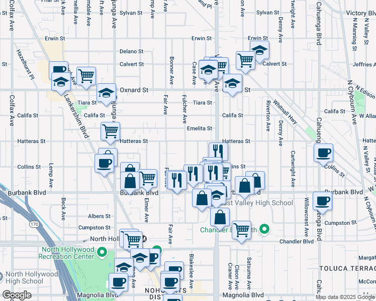 map of restaurants, bars, coffee shops, grocery stores, and more near 5740 Fulcher Avenue in Los Angeles