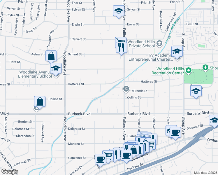 map of restaurants, bars, coffee shops, grocery stores, and more near 22900 Hatteras Street in Los Angeles