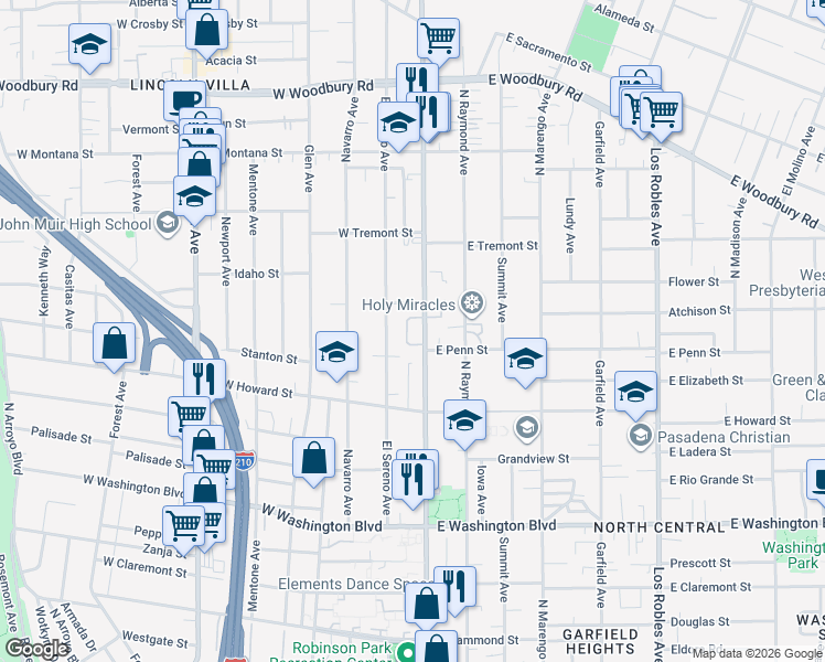 map of restaurants, bars, coffee shops, grocery stores, and more near 1709 North Fair Oaks Avenue in Pasadena