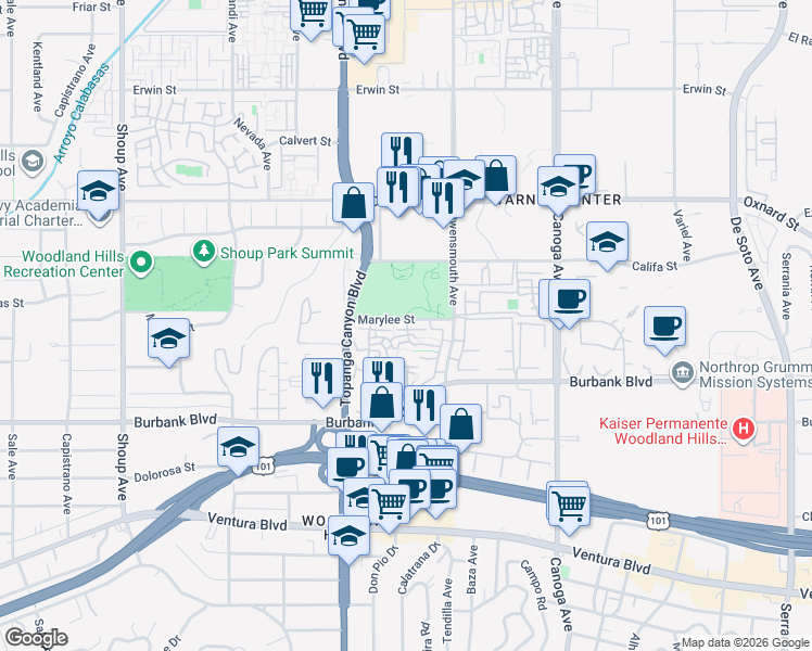 map of restaurants, bars, coffee shops, grocery stores, and more near 21800 Marylee Street in Los Angeles