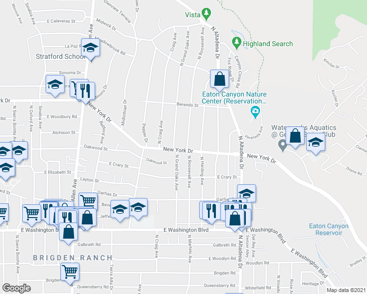 map of restaurants, bars, coffee shops, grocery stores, and more near 1685 North Roosevelt Avenue in Altadena