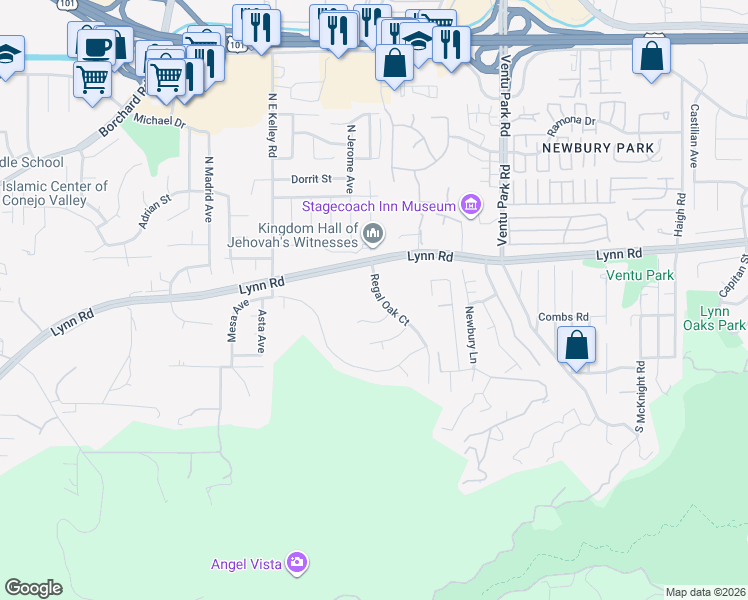 map of restaurants, bars, coffee shops, grocery stores, and more near 1759 Bronzewood Court in Thousand Oaks