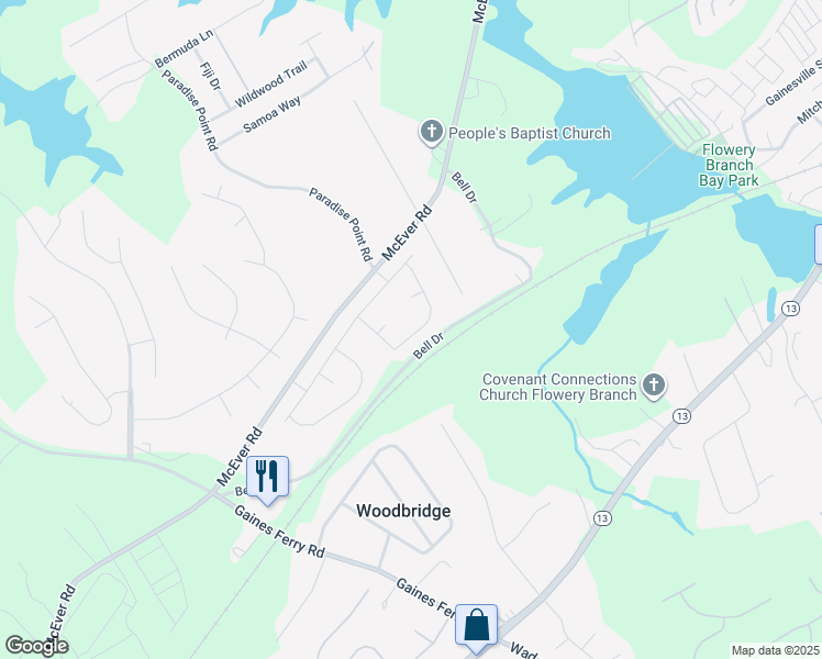 map of restaurants, bars, coffee shops, grocery stores, and more near 6462 Waypoint Street in Flowery Branch