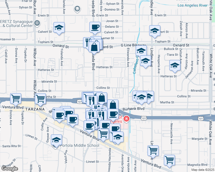 map of restaurants, bars, coffee shops, grocery stores, and more near 18409 Collins Street in Los Angeles