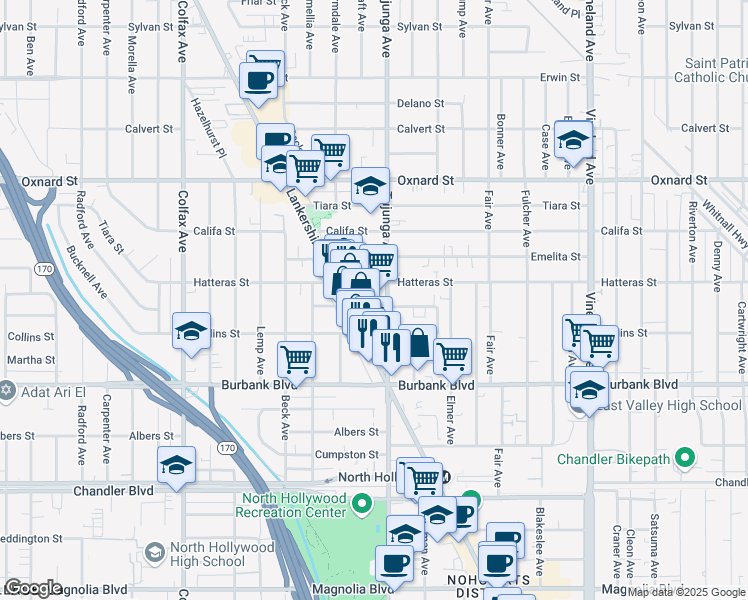 map of restaurants, bars, coffee shops, grocery stores, and more near 11415 Miranda Street in Los Angeles