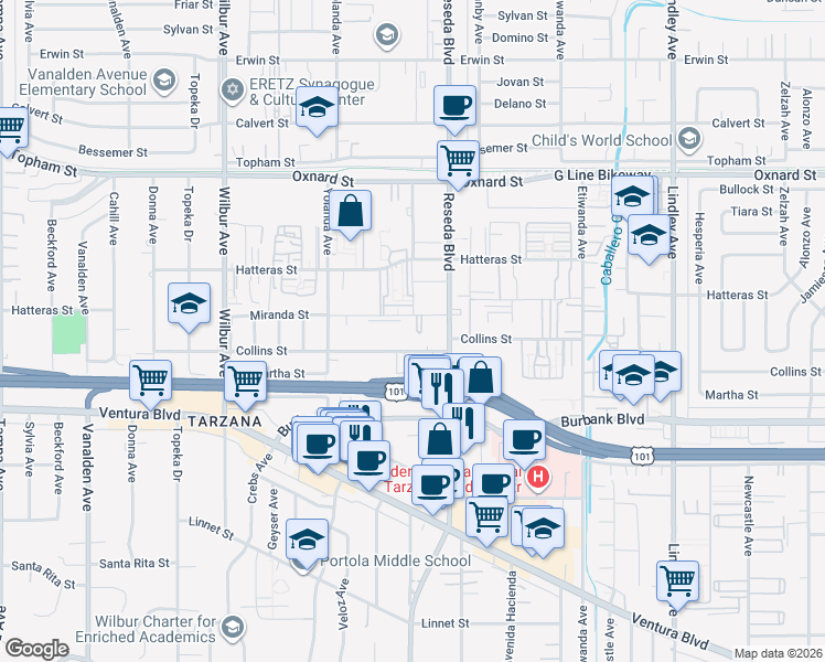 map of restaurants, bars, coffee shops, grocery stores, and more near 18547 Collins Street in Los Angeles