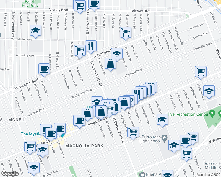 map of restaurants, bars, coffee shops, grocery stores, and more near 833 North Brighton Street in Burbank