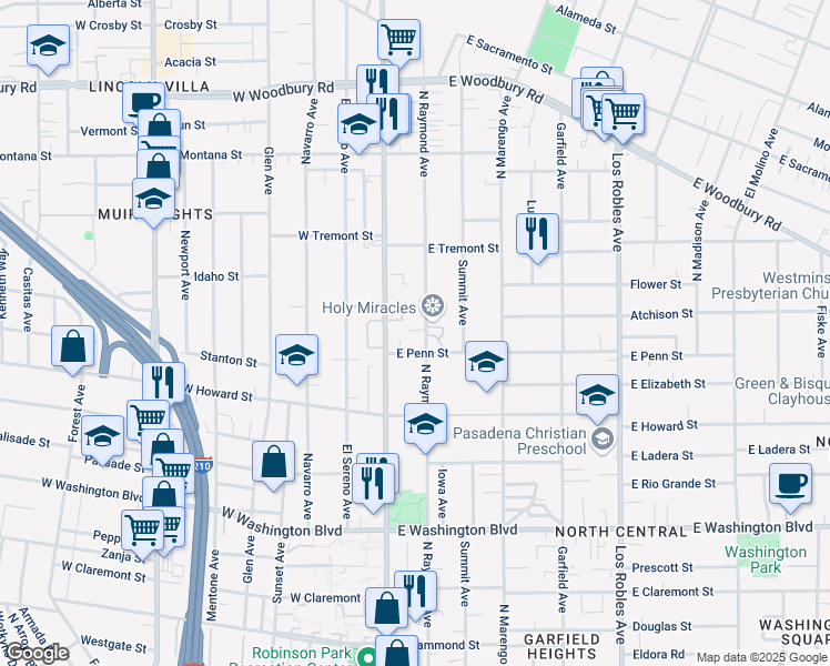 map of restaurants, bars, coffee shops, grocery stores, and more near 1700 North Raymond Avenue in Pasadena