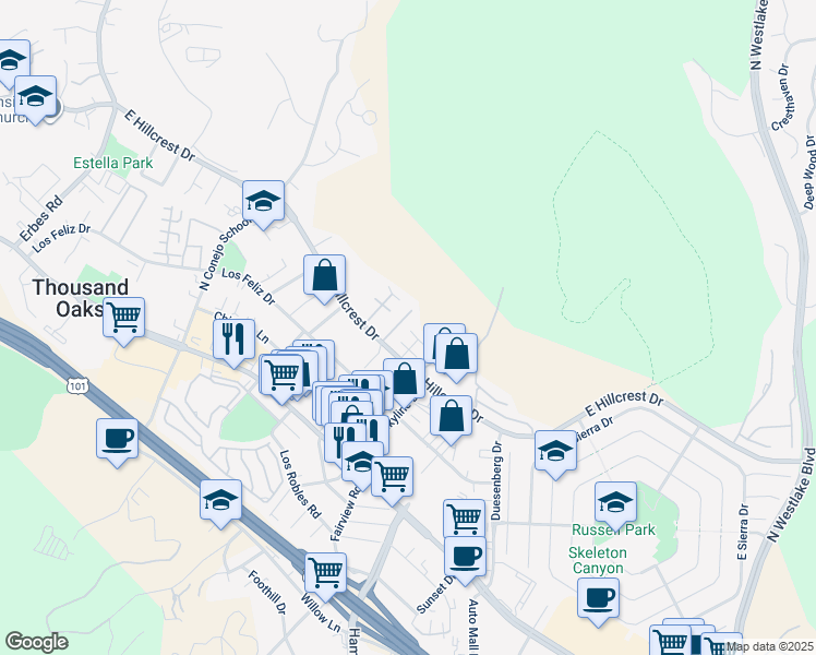 map of restaurants, bars, coffee shops, grocery stores, and more near 344 East Hilltop Way in Thousand Oaks
