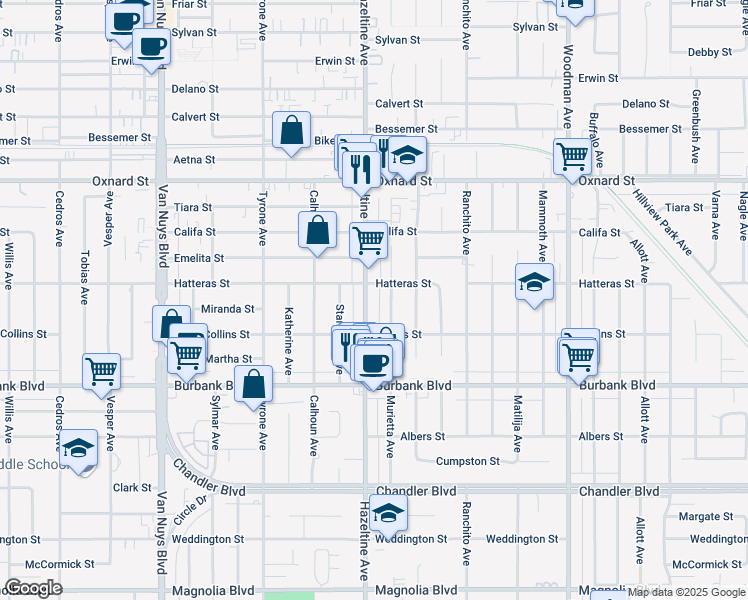 map of restaurants, bars, coffee shops, grocery stores, and more near 5716 Hazeltine Avenue in Los Angeles