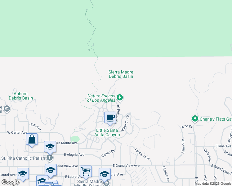 map of restaurants, bars, coffee shops, grocery stores, and more near 423 Yucca Trail in Sierra Madre