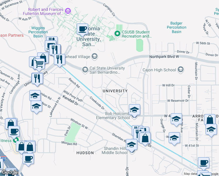 map of restaurants, bars, coffee shops, grocery stores, and more near 1484 West Lake Placid Drive in San Bernardino