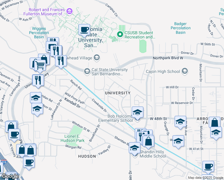 map of restaurants, bars, coffee shops, grocery stores, and more near 1484 West Lake Placid Drive in San Bernardino