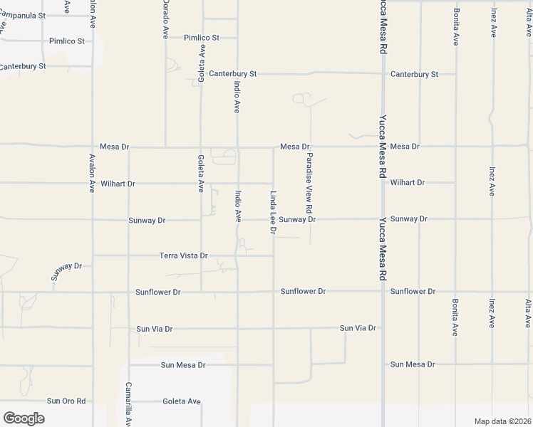 map of restaurants, bars, coffee shops, grocery stores, and more near 58922 Sunway Drive in Yucca Valley