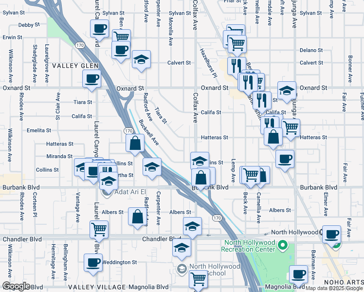 map of restaurants, bars, coffee shops, grocery stores, and more near 5711 Simpson Avenue in Los Angeles