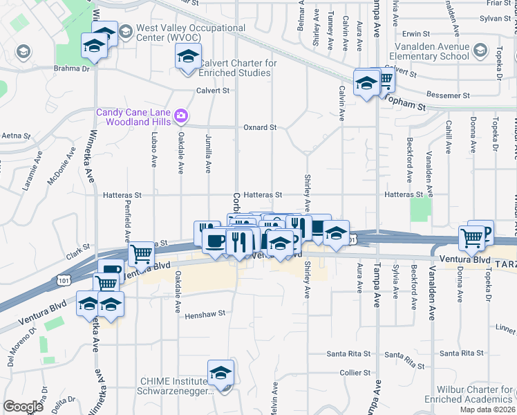 map of restaurants, bars, coffee shops, grocery stores, and more near 5717 Melvin Avenue in Los Angeles