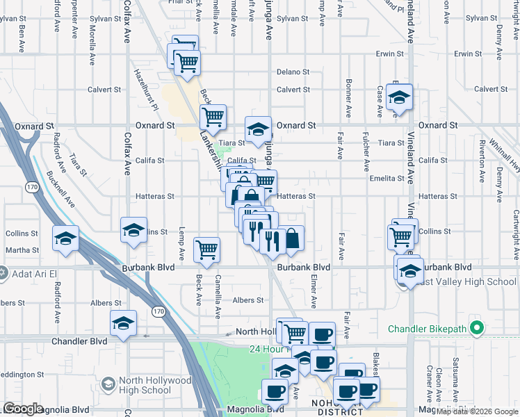 map of restaurants, bars, coffee shops, grocery stores, and more near 11415 Miranda Street in Los Angeles