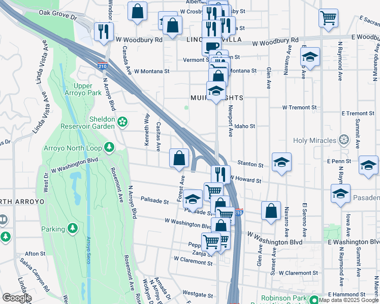 map of restaurants, bars, coffee shops, grocery stores, and more near 545 Stanton Street in Pasadena