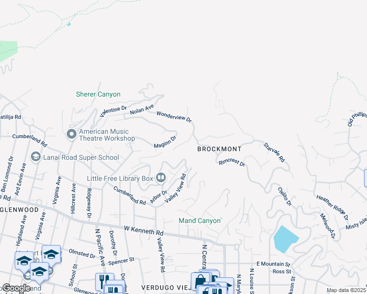 map of restaurants, bars, coffee shops, grocery stores, and more near 167 Wonderview Drive in Glendale