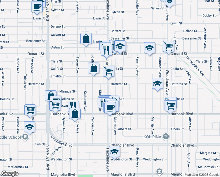 map of restaurants, bars, coffee shops, grocery stores, and more near 5716 Hazeltine Avenue in Los Angeles