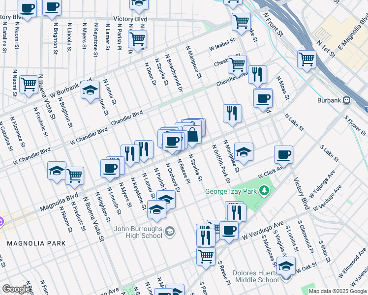 map of restaurants, bars, coffee shops, grocery stores, and more near in Burbank