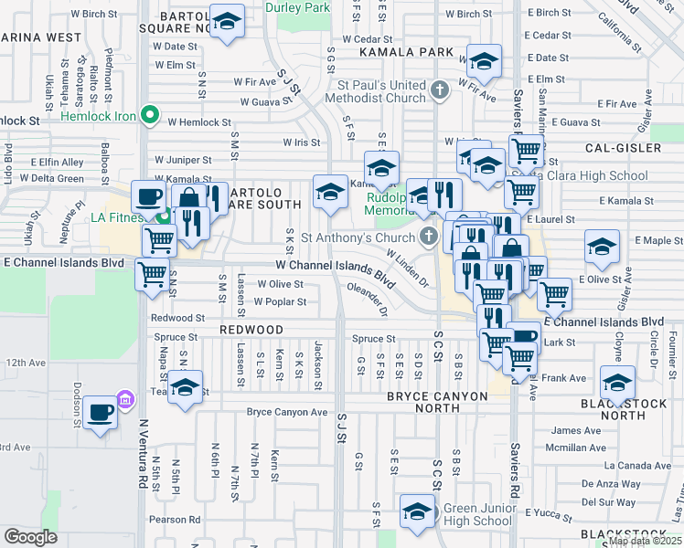 map of restaurants, bars, coffee shops, grocery stores, and more near 505 West Channel Islands Boulevard in Oxnard