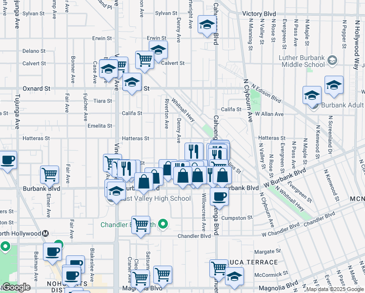 map of restaurants, bars, coffee shops, grocery stores, and more near 5738 Denny Avenue in Los Angeles