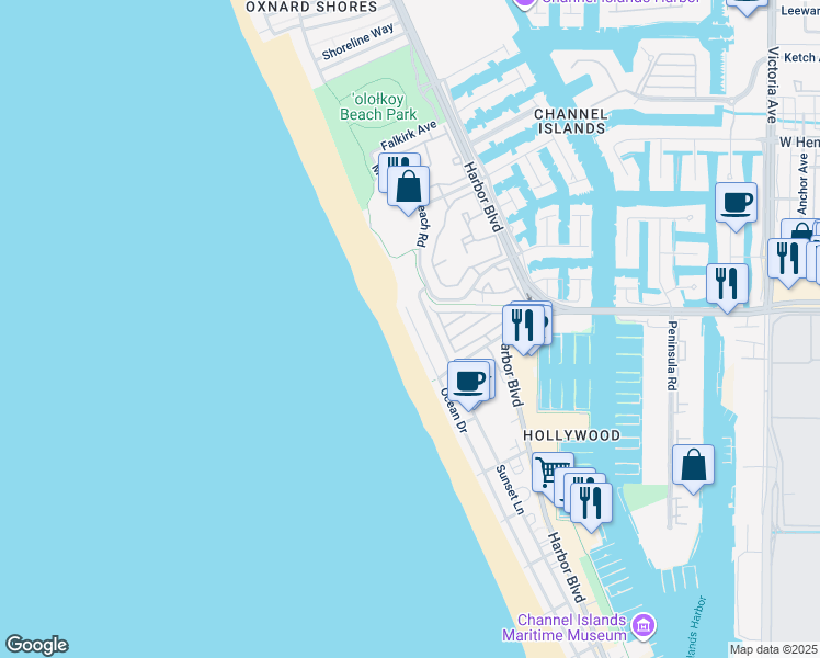map of restaurants, bars, coffee shops, grocery stores, and more near 4169 Ocean Drive in Oxnard