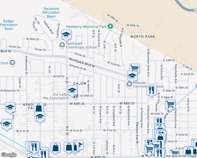 map of restaurants, bars, coffee shops, grocery stores, and more near 4996 North Acacia Avenue in San Bernardino