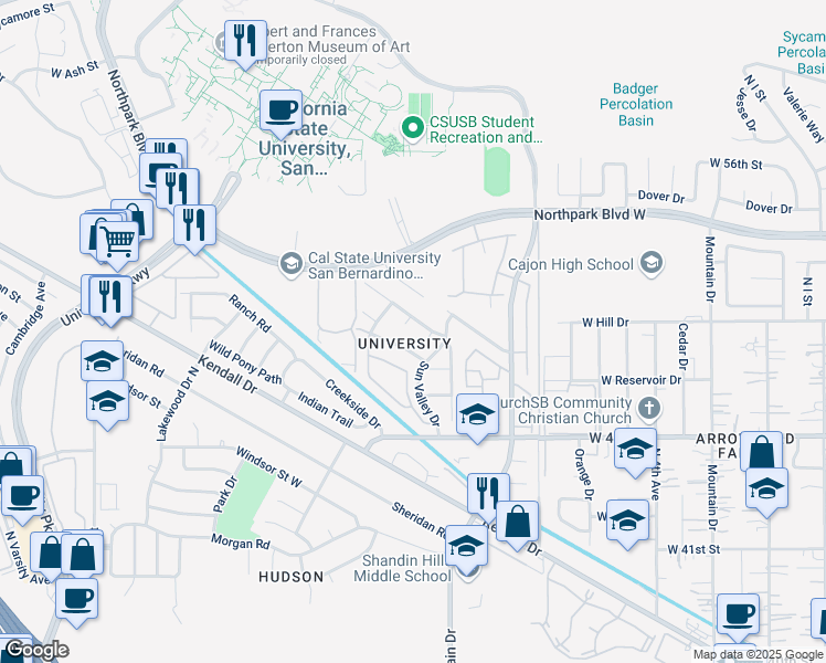 map of restaurants, bars, coffee shops, grocery stores, and more near 1442 West Lake Placid Drive in San Bernardino