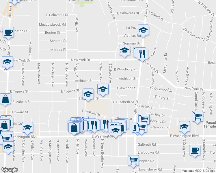 map of restaurants, bars, coffee shops, grocery stores, and more near 1654 University Drive in Pasadena