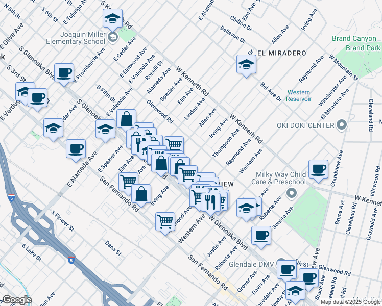 map of restaurants, bars, coffee shops, grocery stores, and more near 1141 Irving Avenue in Glendale