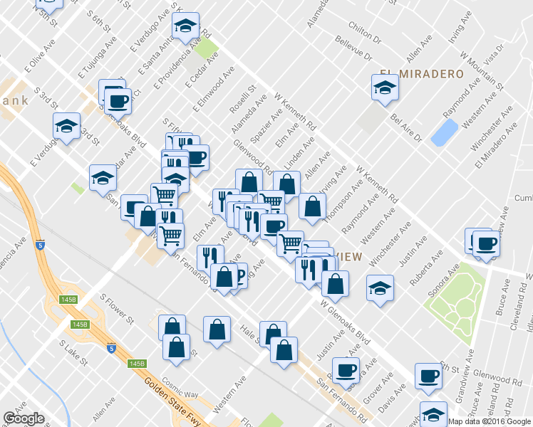 map of restaurants, bars, coffee shops, grocery stores, and more near 1119 Allen Avenue in Glendale