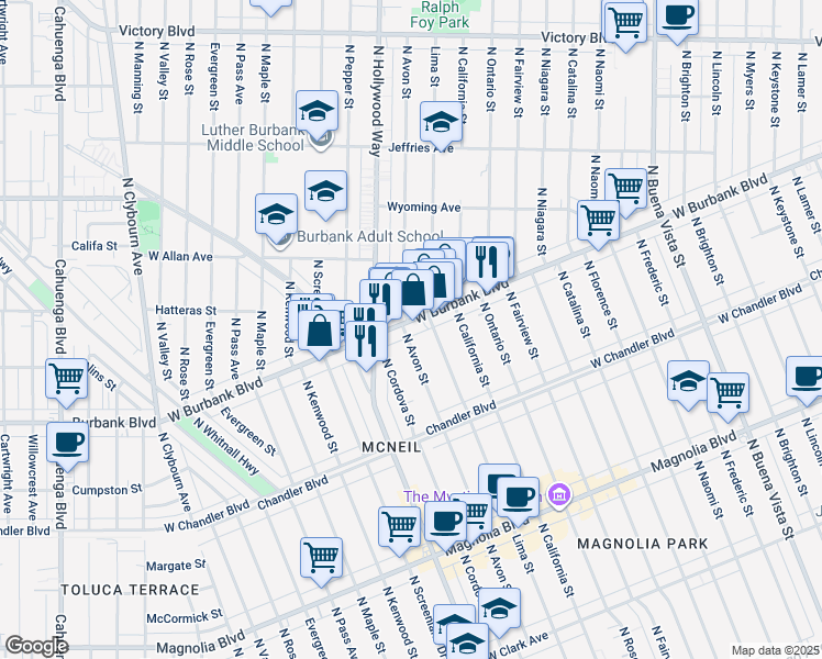 map of restaurants, bars, coffee shops, grocery stores, and more near 1330 North Cordova Street in Burbank