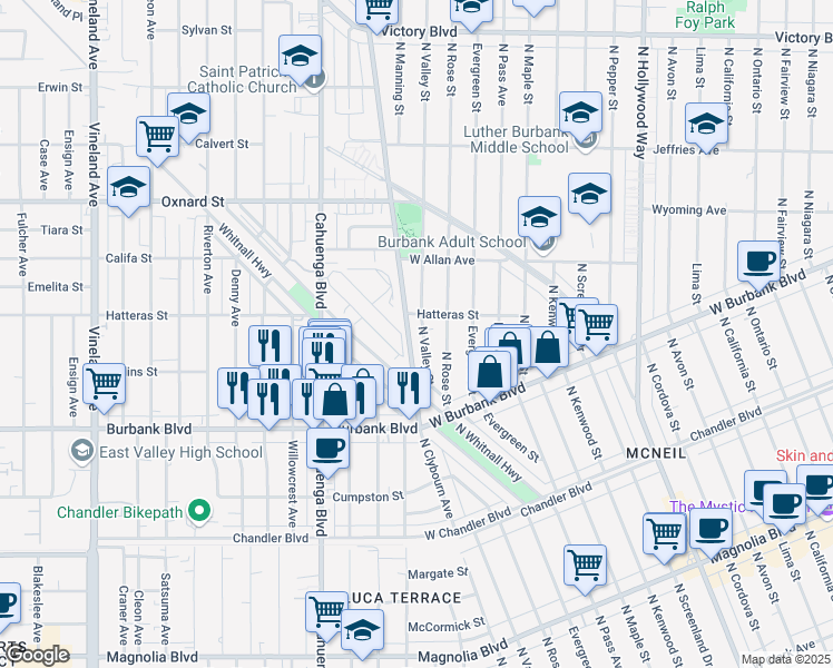 map of restaurants, bars, coffee shops, grocery stores, and more near 1455 North Rose Street in Burbank