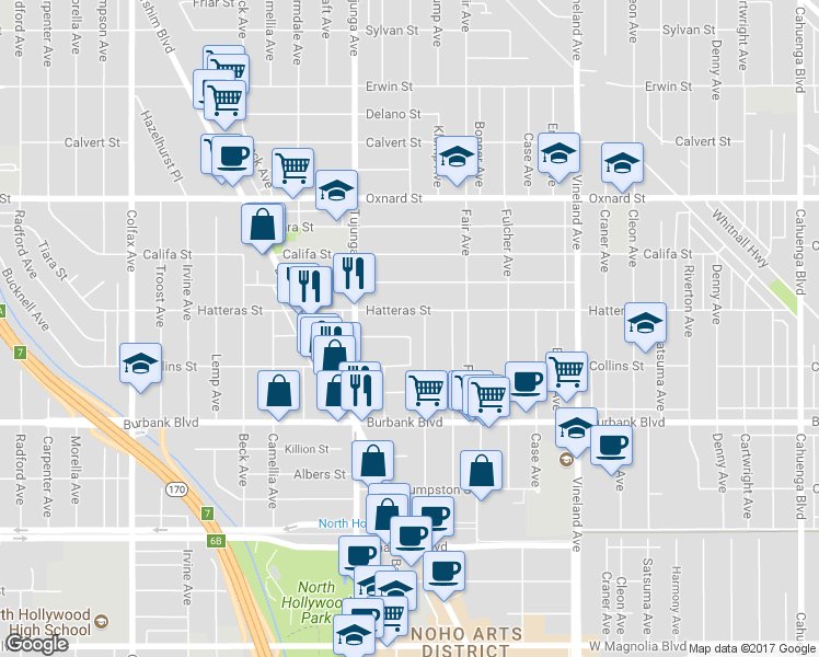 map of restaurants, bars, coffee shops, grocery stores, and more near 11300 Miranda Street in Los Angeles