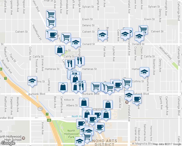 map of restaurants, bars, coffee shops, grocery stores, and more near 11300 Miranda Street in Los Angeles
