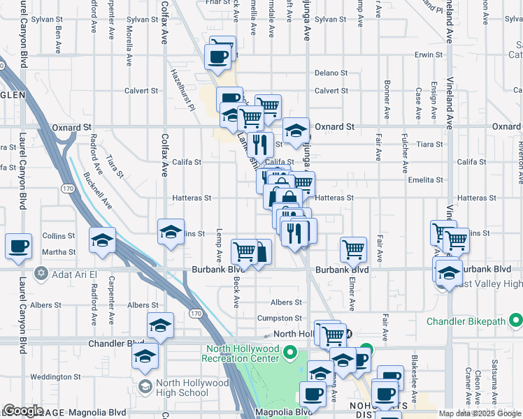 map of restaurants, bars, coffee shops, grocery stores, and more near 11475 Collins Street in Los Angeles