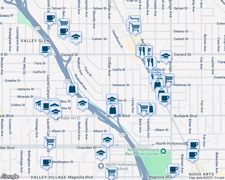 map of restaurants, bars, coffee shops, grocery stores, and more near 5720 Colfax Avenue in Los Angeles