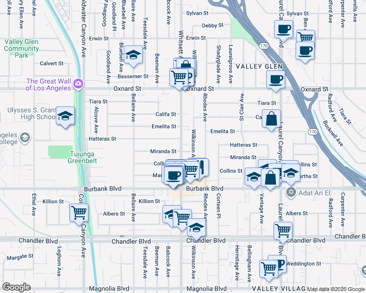 map of restaurants, bars, coffee shops, grocery stores, and more near 12506 Miranda Street in Los Angeles