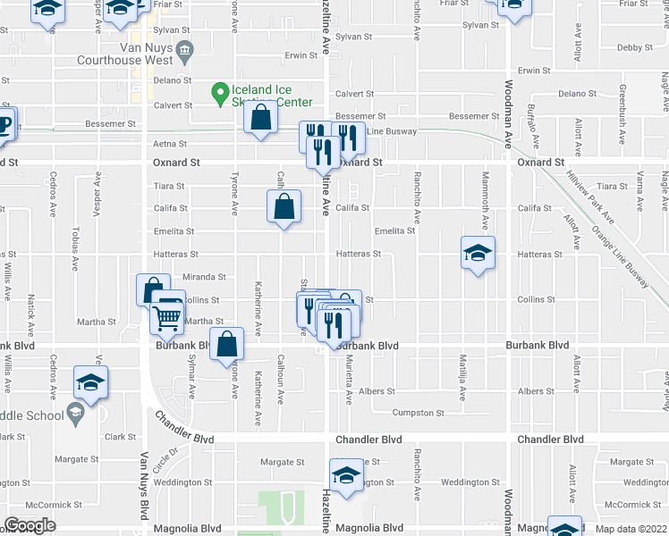 map of restaurants, bars, coffee shops, grocery stores, and more near 5716 Hazeltine Avenue in Los Angeles