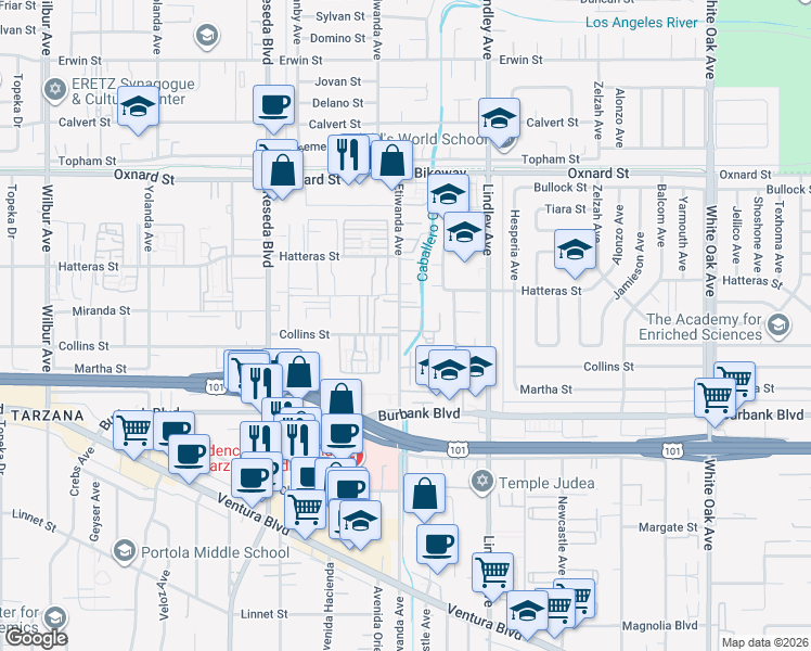 map of restaurants, bars, coffee shops, grocery stores, and more near 5688 Etiwanda Avenue in Los Angeles